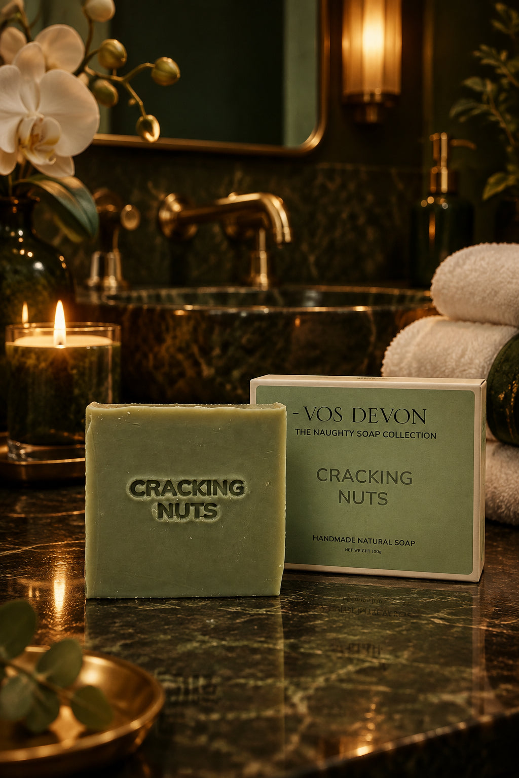 A handmade natural soap bar embossed with 'CRACKING NUTS' stands next to its packaging box on a marble surface. The soap is a muted sage green, and the box is white with sage green text.