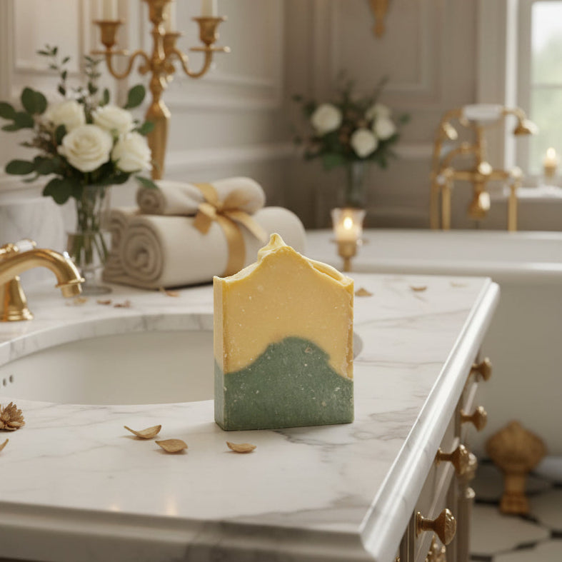 handmade soap bar from VOS DEVON, Petal No. 7, featuring a pale yellow top layer and a dark green bottom layer