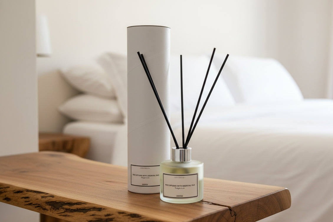 Diffuser bottle with black sticks and cylindrical packaging on a light background