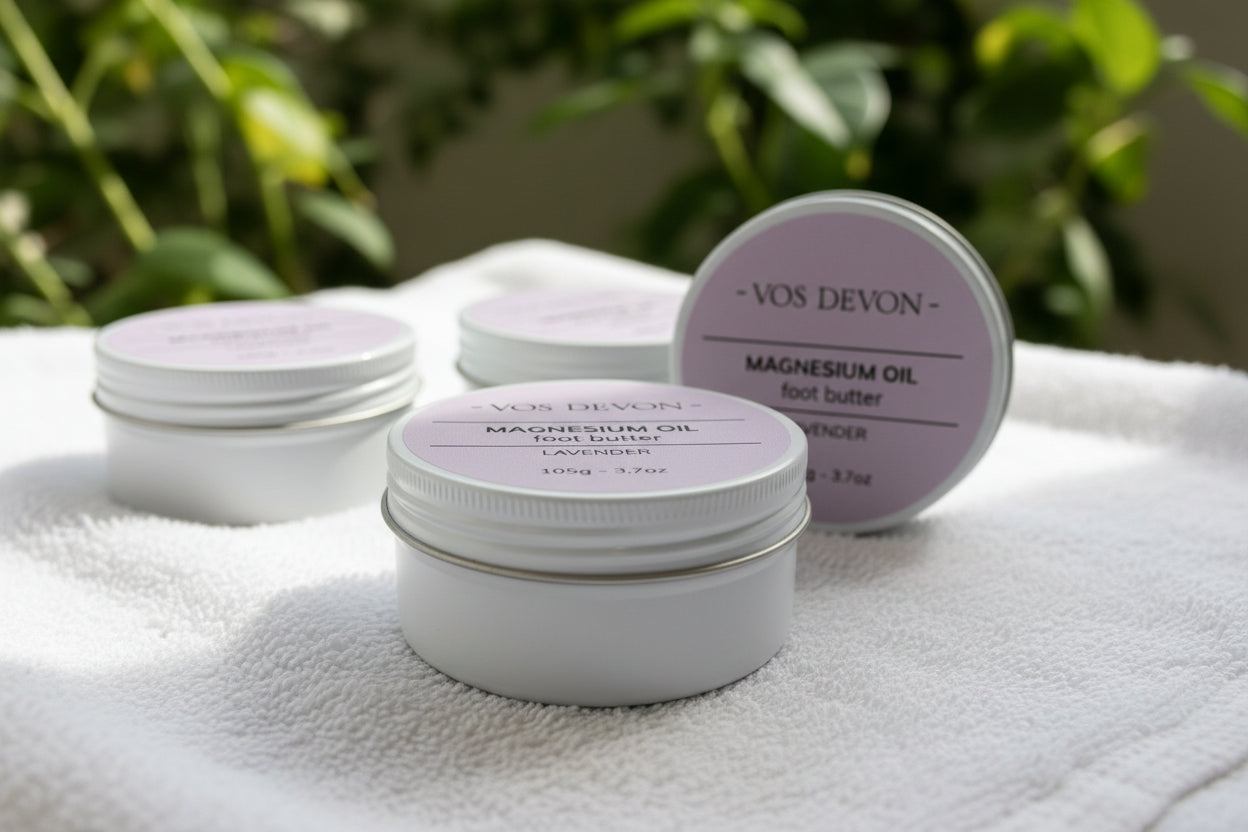 Containers of Vos Devon magnesium oil foot butter on a white surface.