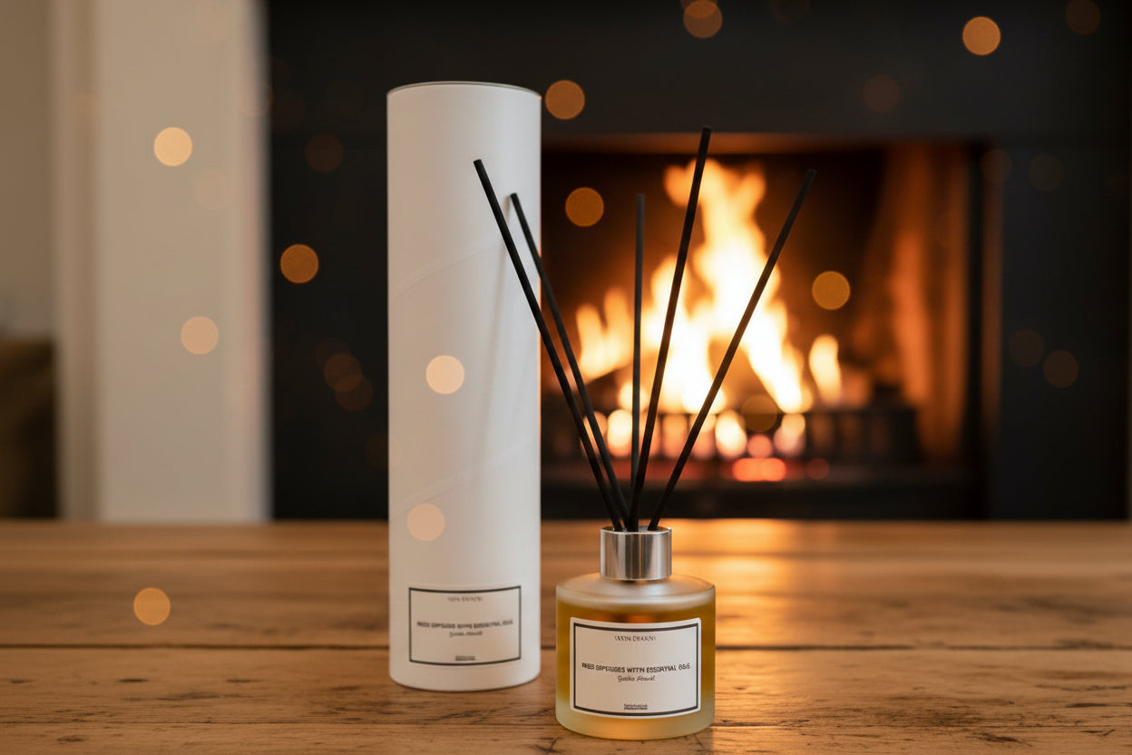 Diffuser with black sticks and cylindrical container on a light background