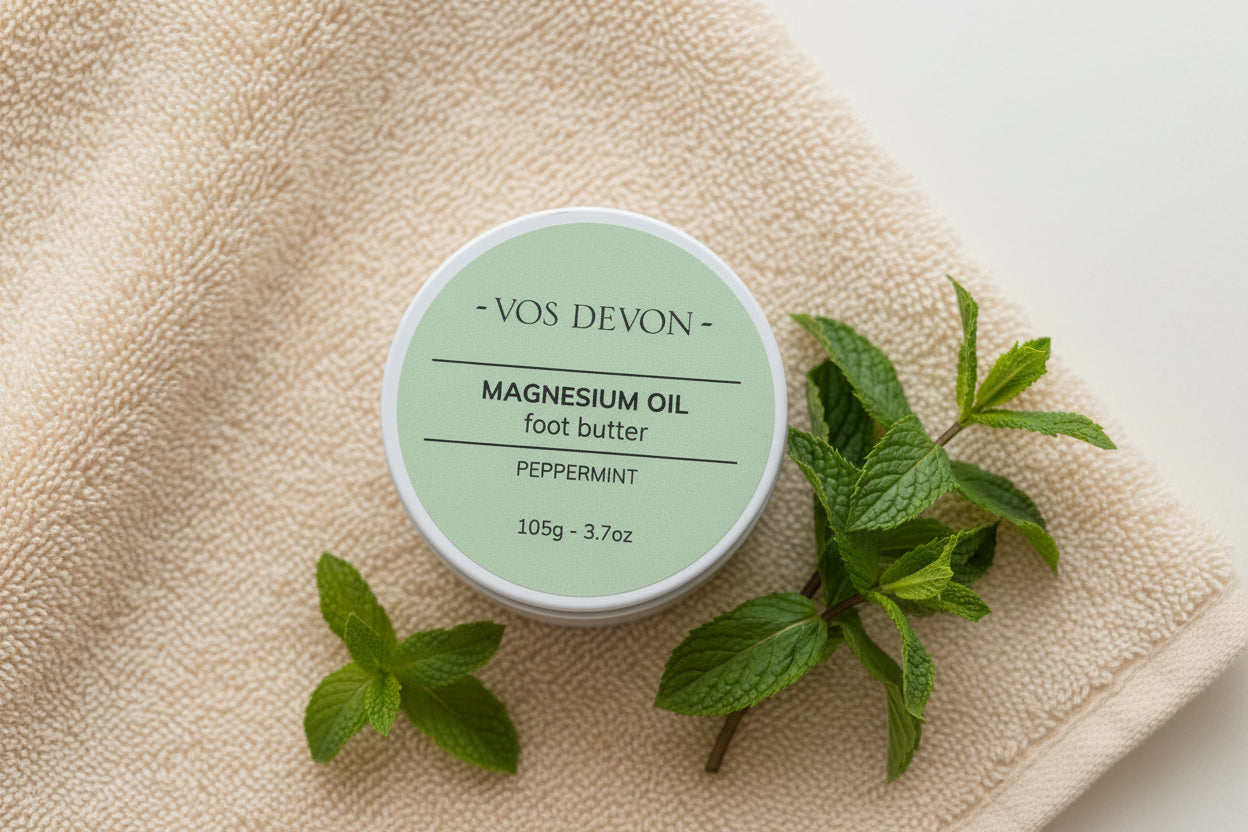 Vos Devon magnesium oil foot butter container on a light background