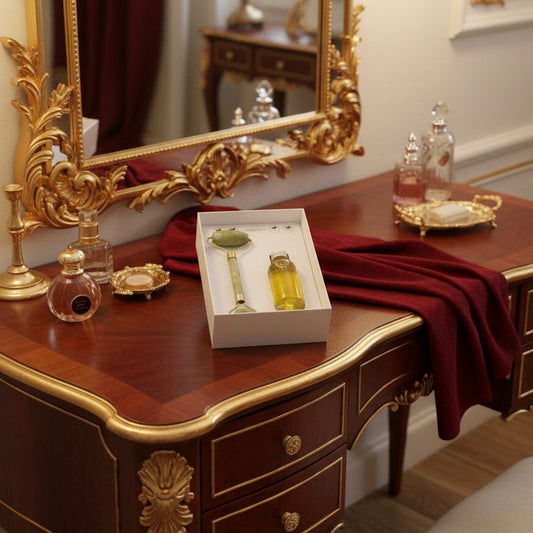 A facial roller and face oil set from Vos Devon, presented in a white gift box on a wooden table. The set includes a jade roller with gold-toned metal accents and a small bottle of yellow facial oil.