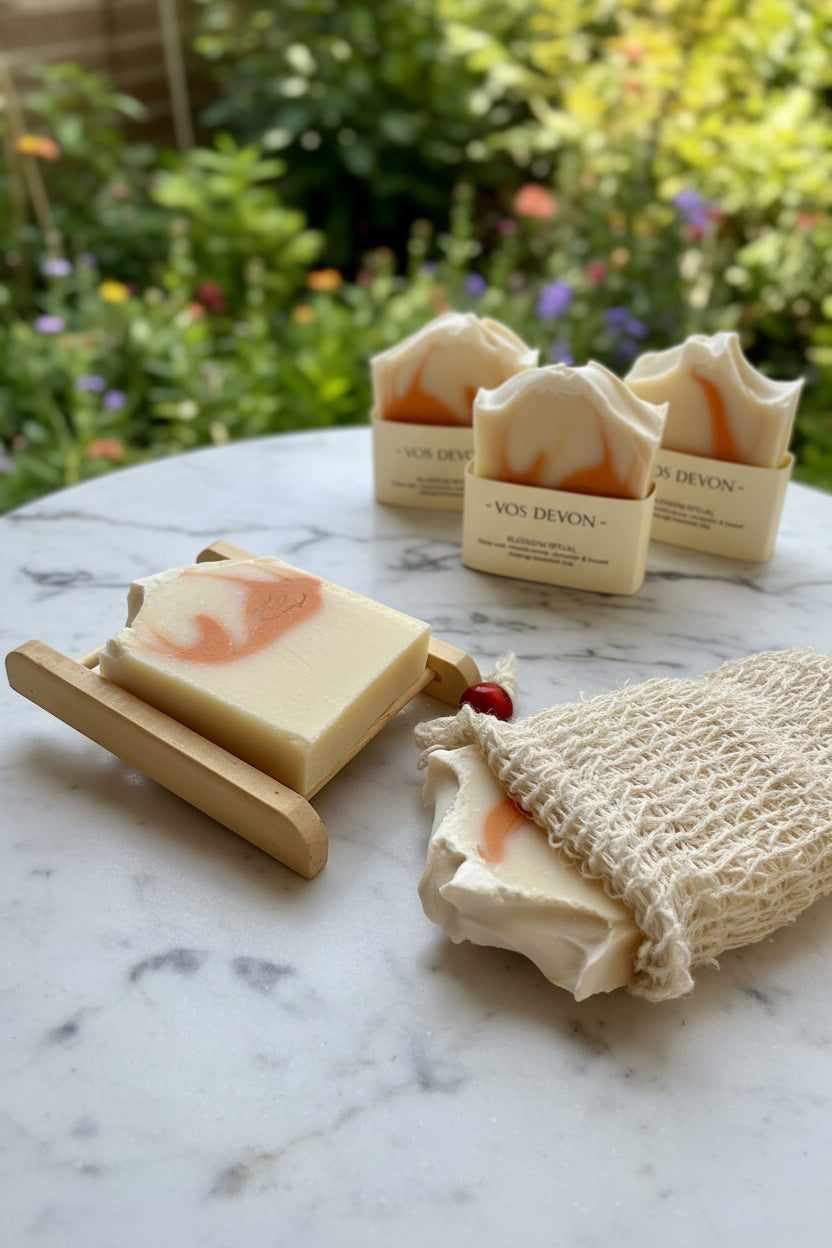 Four bars of soap wrapped in cream paper bands labeled 'NOS DEVON' are arranged on a light neutral surface, alongside two wooden soap dishes and a beige mesh soap bag with soap inside it.