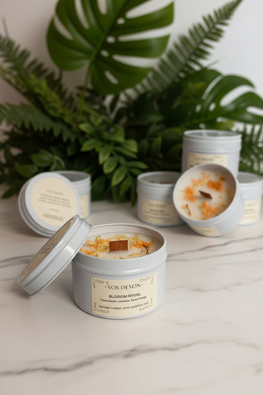 A set of wax candles in light gray metal tins with cream labels, including one open tin in the foreground and several closed tins in the background on a warm beige surface.