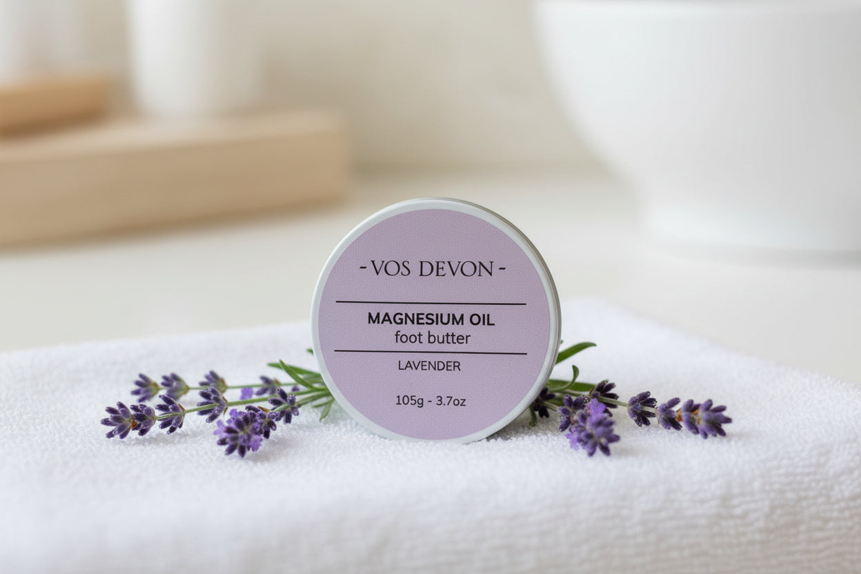Vos Devon magnesium oil foot butter container on a light background