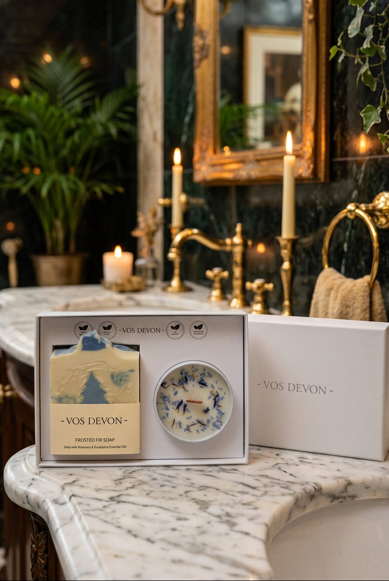 VOS DEVON Frosted Fir Soap gift set, featuring a round scented candle and a bar of soap inside a white gift box