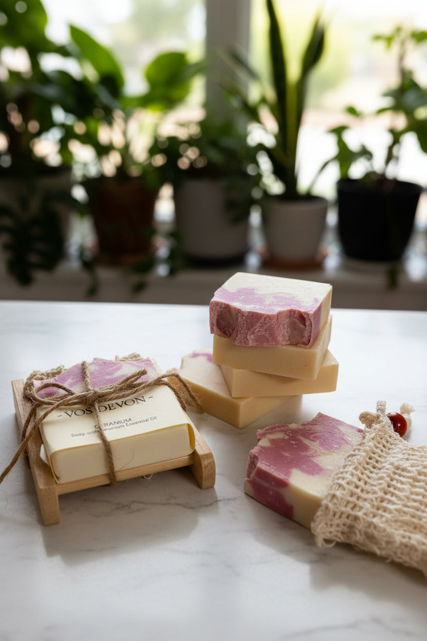 Handmade soap bars with pink and cream swirls, displayed on a white background with a wooden soap dish, twine, and a burlap soap bag. The label reads 'VON DEVON'.