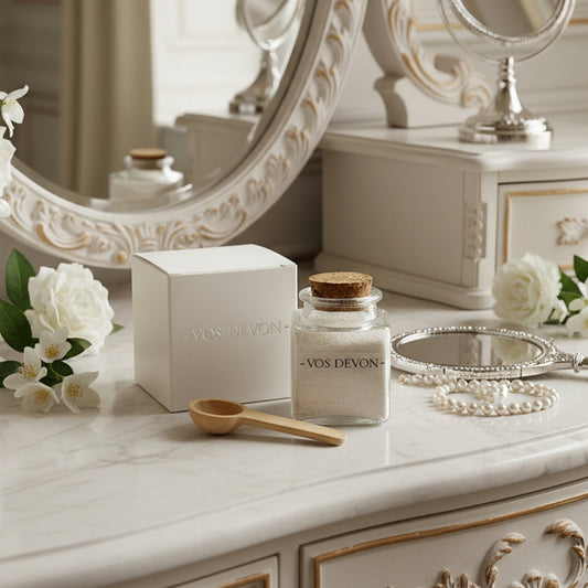 A clear glass jar with a cork stopper labelled 'VOS DEVON' containing a white powder, shown next to a white branded box and a small wooden scoop on a light grey background.