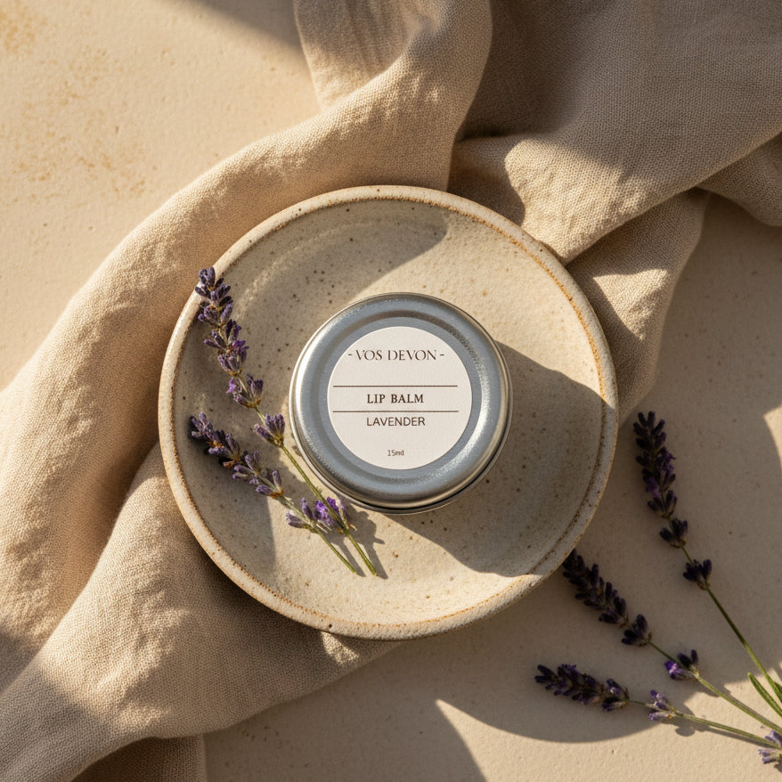 A round silver metal tin of VOS DEVON lip balm, labelled Lavender, arranged on a plain light beige background.