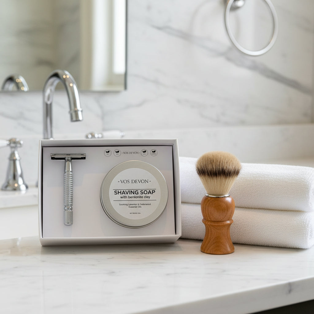 Vos Devon Shaving Soap and matching safety razor gift set in a white box