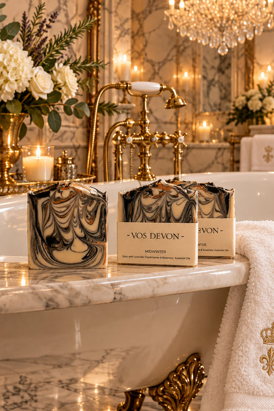 Three bars of handcrafted soap with a black, white, and brown marbled swirl pattern