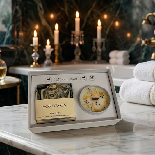 Vos Devon gift set featuring a marbled soap bar and a scented candle in a white box, with the brand name visible on the packaging.