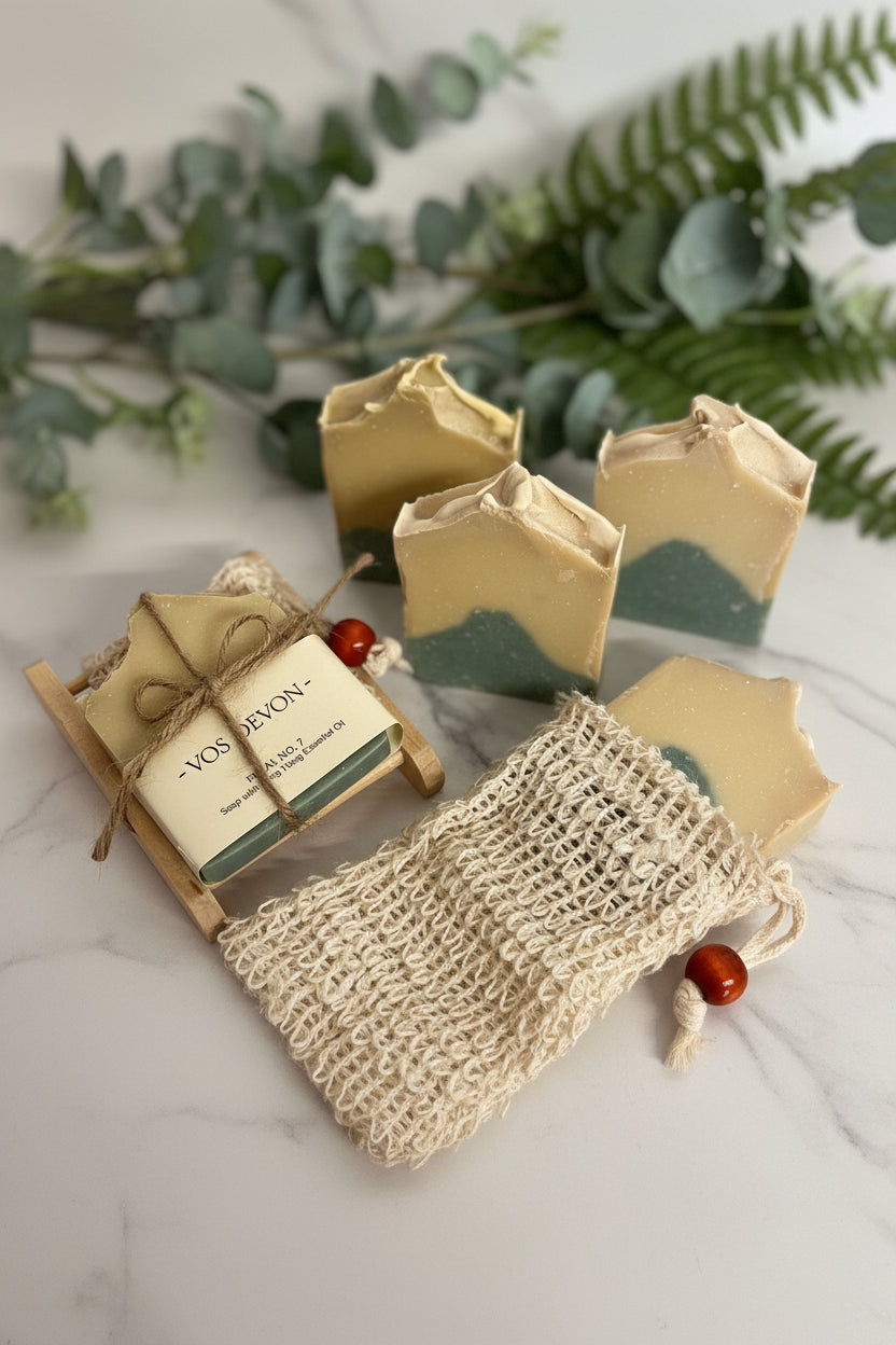 Three handmade soap bars with a beige and teal mountain design are displayed alongside a small wooden stand holding a wrapped soap card labeled 'VOS ETRON', a cream-colored mesh drawstring pouch, and a decorative beige cloth.