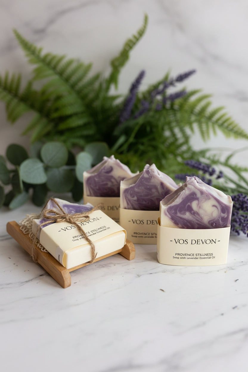 Four handmade artisan soap bars with cream and purple swirls, some wrapped in paper bands and one set on a small wooden stand, on a neutral light grey background. The labels read 'VOS DEVON'