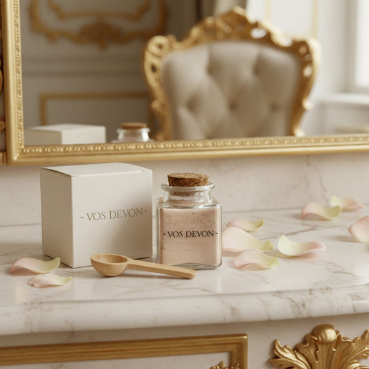 A clear glass jar with a cork lid containing a light beige powder, labeled VOS DEVON, shown next to a white product box and a small wooden scoop on a neutral light gray background.
