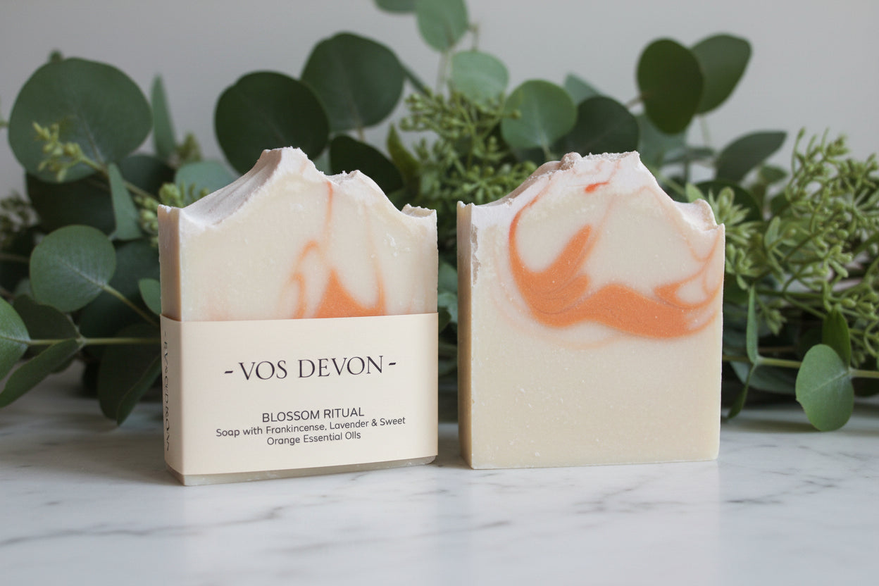 Two handmade soap bars labeled “VOS DEVON” and “BLOSSOM RITUAL” are shown on a reflective surface. The left bar has a paper label, while the right bar is turned to show the marbled soap texture.