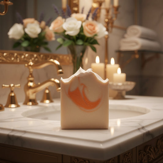 Handmade soap bar labeled “VOS DEVON” and “BLOSSOM RITUAL” are shown on a reflective surface. 