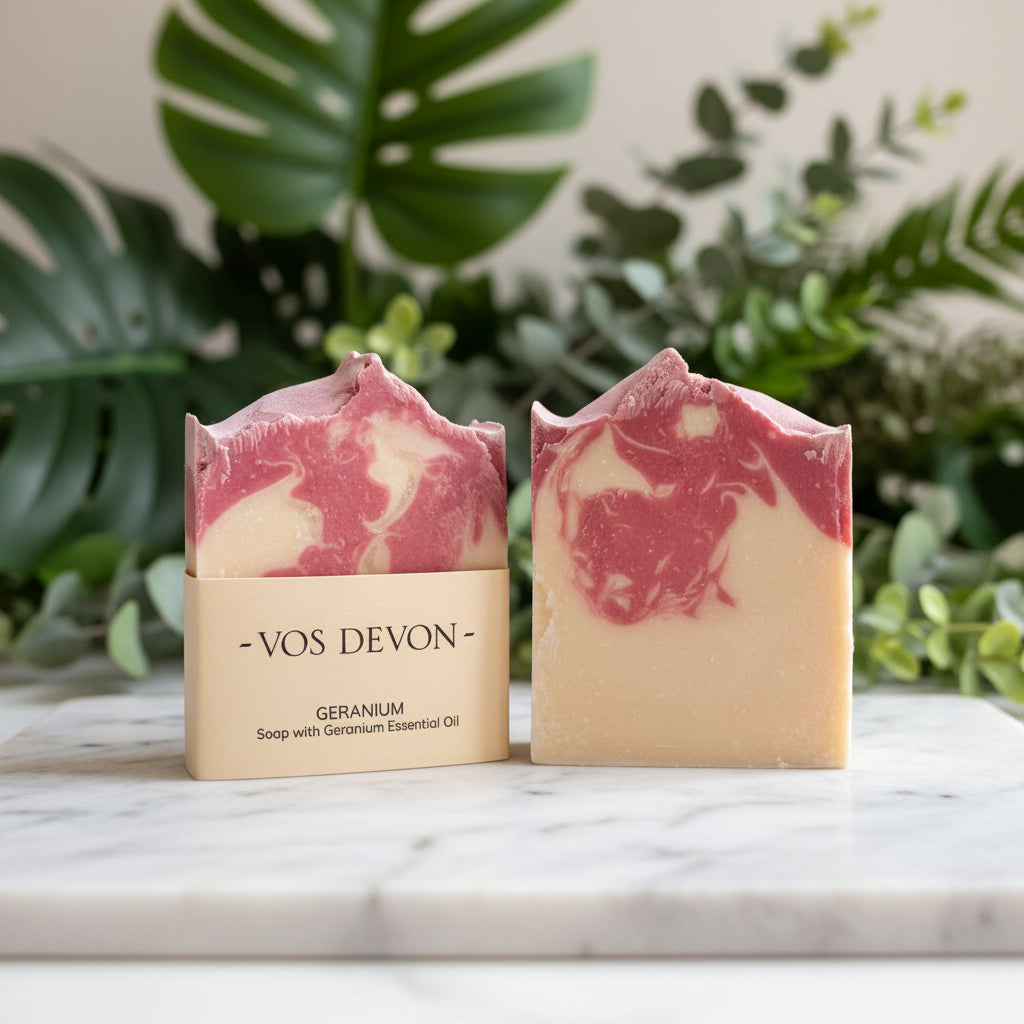 Two handmade soap bars with pink and cream marbled swirls, one standing in a paper sleeve labelled 'VOS DEVON - GERANIUM Soap with Geranium Essential Oil' and the other standing beside it
