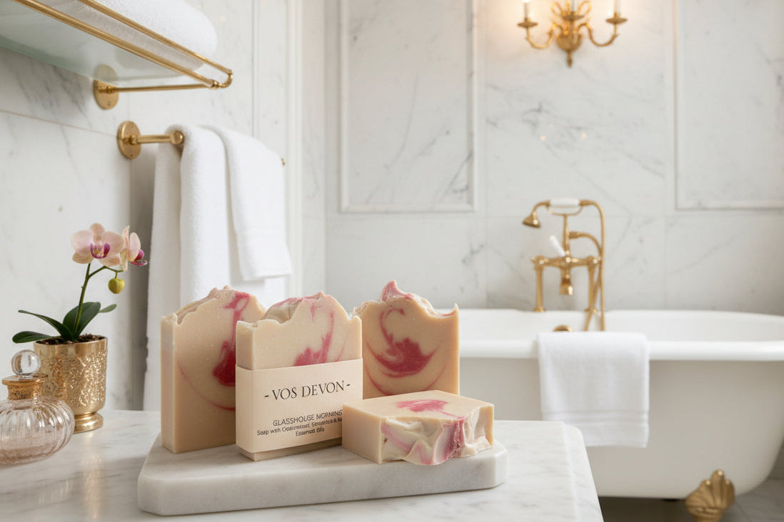 bars of VOS DEVON 'GLASSHOUSE MORNING' handmade soap with a cream-colored base and red swirls, shown with and without labels on a light gray background.