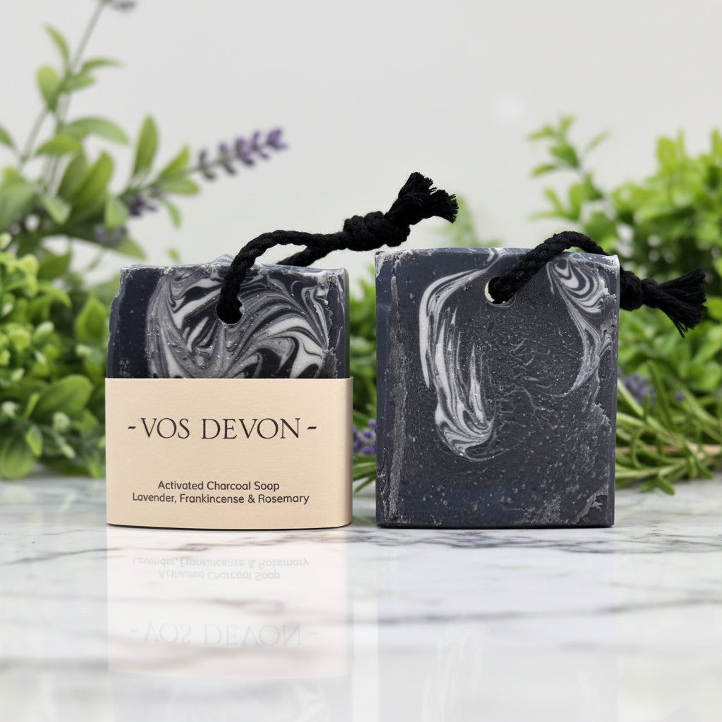 Two rectangular bar soaps with black hanging cords, one wrapped in a beige paper label reading 'VOS DEVON - Activated Charcoal Soap', shown against a light grey background.