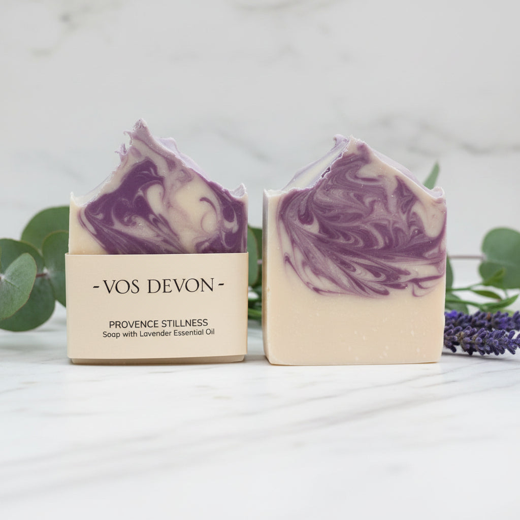 Two bars of artisanal soap with lavender essential oil, featuring a cream and purple marbled swirl pattern. One bar is wrapped in a beige paper label with the text '-VOS DEVON- PROVENCE STILLNESS Soap with Lavender Essential Oil'.