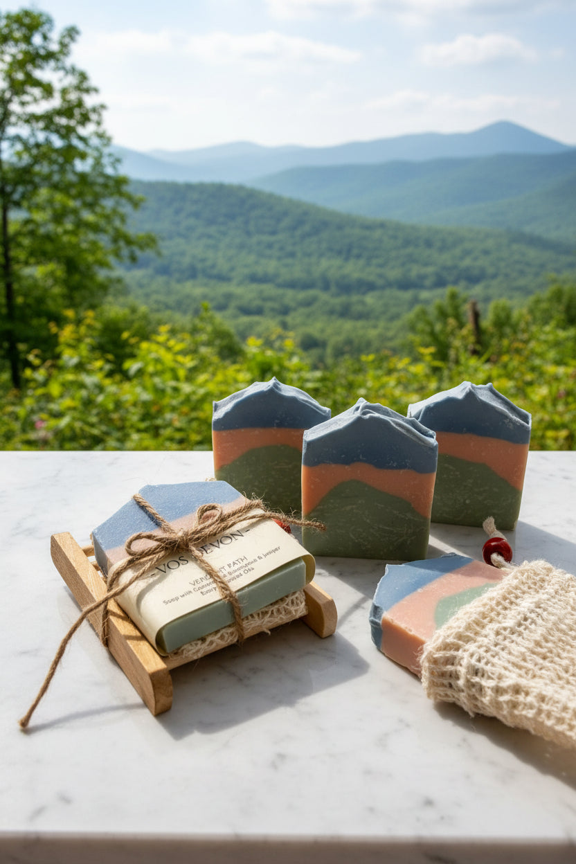 Handcrafted layered soap bars with a mountain-like design in shades of blue, peach, and green, displayed on a neutral background with a small wooden stand, burlap pouch, and tag reading 'VOS DEVON'.