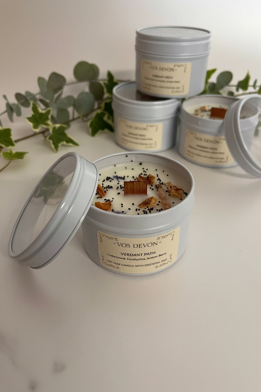 Four silver metal tins of candles with cream labels are arranged on a light beige surface. One tin in the foreground is open, showing white wax topped with small black seeds and brown bark pieces, while the other tins stand closed behind it.